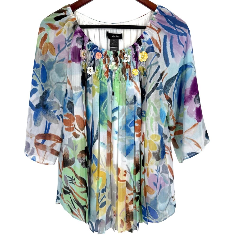 Ali Miles Sz Medium Wearable Art to Wear Floral Beaded Shirt Top Tropical Beach